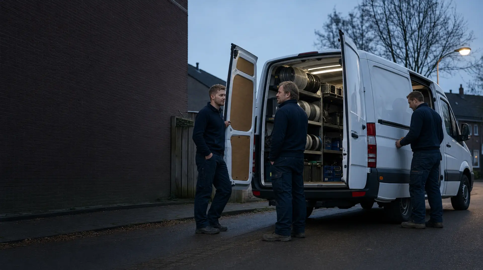 Elektriciens bij een bedrijfsbus in de avond